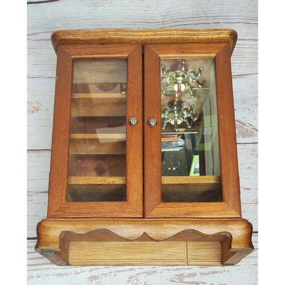 Rare Vintage Wood Jewelry Box Armoire Artistic Design Glass Door Shelves w/Mirro - Picture 2 of 12